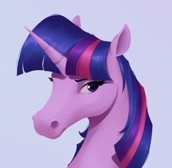 Size: 3223x3140 | Tagged: safe, artist:aquaticvibes, character:twilight sparkle, character:twilight sparkle (unicorn), species:pony, species:unicorn, g4, blue background, bust, eyebrows, female, hoers, horn, looking sideways at you, mare, portrait, simple background, solo