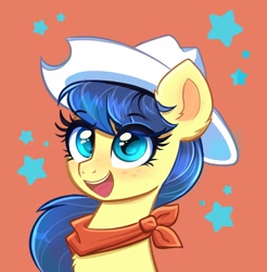 Size: 1999x2035 | Tagged: safe, artist:confetticakez, character:fiddlesticks, species:earth pony, species:pony, g4, abstract background, adoratwang, bust, clothing, cowboy hat, eyebrows, eyebrows visible through hair, eyelashes, female, freckles, hat, looking at you, mare, open mouth, portrait, simple background, smiling, solo