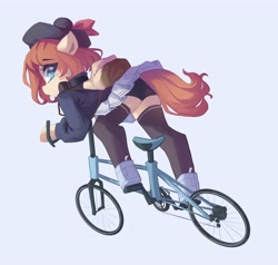 Size: 4096x3905 | Tagged: safe, artist:saxopi, oc, oc only, species:anthro, species:earth pony, species:pony, arm hooves, backpack, bicycle, blue background, clothing, commission, cute, cycling shorts, eyebrows, eyebrows visible through hair, female, hat, jacket, looking at you, looking back, looking back at you, mare, ocbetes, shoes, simple background, skirt, socks, solo, stockings, tail, thigh highs, upskirt