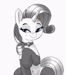 Size: 2437x2756 | Tagged: safe, artist:pabbley, character:rarity, species:pony, species:unicorn, g4, belly button, blushing, clothing, collar, eyebrows, eyelashes, female, horn, lidded eyes, limited palette, looking sideways, mare, selective color, simple background, smiling, socks, solo, stockings, tail, thigh highs, white background