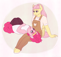 Size: 3900x3600 | Tagged: safe, artist:hahyh, character:fluttershy, character:pinkie pie, species:anthro, species:earth pony, species:pegasus, species:unguligrade anthro, ship:flutterpie, g4, beanbrows, clothing, colored eyebrows, eyebrows, female, head on lap, lesbian, looking at each other, lying down, mare, on back, overalls, shipping, signature, three quarter view