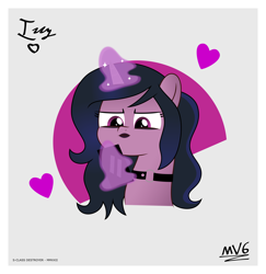 Size: 9378x9663 | Tagged: safe, artist:s-class-destroyer, character:izzy moonbow, species:pony, species:unicorn, g5, bust, collar, digital art, goth, goth izzy, gradient hair, gray background, hearts, lipstick, magic, magic aura, makeup, multicolored hair, phone, shading, signature, simple background, vector