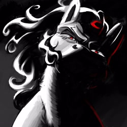 Size: 3500x3500 | Tagged: safe, artist:yesterday, character:king sombra, species:pony, species:umbrum, species:unicorn, g4, backlit, black background, dramatic lighting, limited palette, looking at you, male, red eyes, selective color, simple background, solo, stallion