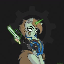 Size: 1300x1300 | Tagged: safe, artist:matias, oc, oc only, oc:littlepip, species:pony, species:unicorn, fallout equestria, black background, blank eyes, clothing, crossover, ear fluff, eyebrows, fallout, glowing horn, gun, handgun, horn, levitation, little macintosh, looking at you, magic, pipbuck, revolver, scope, simple background, solo, vault suit, weapon