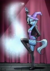Size: 2480x3508 | Tagged: safe, artist:apocheck13, character:trixie, species:anthro, species:plantigrade anthro, species:pony, species:unicorn, g4, boots, breasts, cleavage, clothing, curtains, explicit source, eyelashes, female, fishnets, hat, horn, jacket, lidded eyes, looking at you, magic, magician, magician outfit, mare, shoes, smiling, solo, stockings, tail, thigh highs, trixie's hat, wizard hat