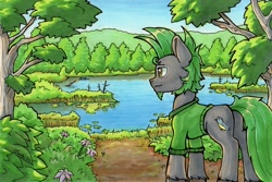 Size: 2688x1791 | Tagged: safe, artist:dandy, oc, oc only, oc:jack pine, species:earth pony, species:pony, beard, clothing, copic, cutie mark, day, eyebrows, facial hair, forest, lake, male, marker drawing, mohawk, scenery porn, shirt, sky, solo, stallion, tail, traditional art, tree