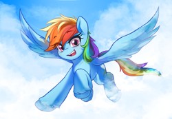 Size: 4271x2964 | Tagged: safe, artist:maren, character:rainbow dash, species:pegasus, species:pony, g4, cloud, day, eyebrows, eyebrows visible through hair, female, flying, looking at you, mare, open mouth, sky, solo, spread wings, unshorn fetlocks, wings