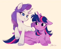 Size: 3339x2690 | Tagged: safe, artist:imalou, character:rarity, character:twilight sparkle, character:twilight sparkle (alicorn), species:alicorn, species:pony, species:unicorn, ship:rarilight, g4, blushing, colored hooves, commission, cutie mark, duo, duo female, eyebrows, female, females only, floppy ears, folded wings, hooves, horn, lesbian, looking at each other, mare, shipping, smiling, tail, wings