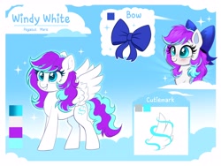 Size: 4000x3000 | Tagged: safe, artist:confetticakez, oc, oc only, oc:windy white, species:pegasus, species:pony, bow, cute, cutie mark, eyebrows, eyebrows visible through hair, grin, hair bow, ocbetes, reference sheet, smiling, solo, spread wings, wings
