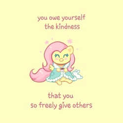 Size: 4000x4000 | Tagged: safe, artist:confetticakez, character:angel bunny, character:fluttershy, species:pegasus, species:pony, g4, blush sticker, blushing, cup, cute, drink, eyelashes, eyes closed, female, mare, motivational poster, robe, shyabetes, simple background, sitting, solo, tea, teacup, text, yellow background