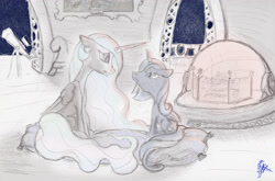 Size: 4000x2635 | Tagged: safe, artist:teakay-c-ii-r, character:princess celestia, character:princess luna, species:alicorn, species:pony, g4, cushion, cutie mark, filly, filly luna, fireplace, foal, looking down, looking up, night, no regalia, royal chambers, signature, sitting, teary eyes, telescope, woona, younger