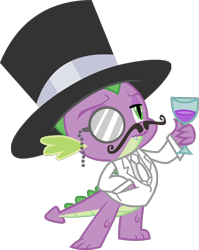 Size: 843x1059 | Tagged: safe, artist:tweevle, character:spike, g4, classy, clothing, digital art, drink, facial hair, fancy, glass, hat, like a sir, monocle, moustache, simple background, solo, suit, top hat, transparent background, tuxedo, vector
