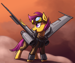 Size: 3176x2672 | Tagged: safe, artist:dimfann, character:scootaloo, species:pegasus, species:pony, armor, cloud, coveralls, female, goggles, insignia, jet engine, jetpack, looking back, open mouth, plane, red sky, scootaloo can fly, smiling, solo, spread wings, standing on a cloud, wings