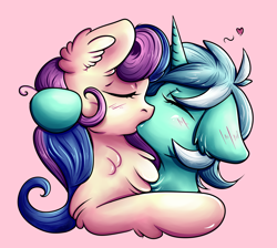 Size: 2324x2085 | Tagged: safe, artist:coco-drillo, character:bon bon, character:lyra heartstrings, character:sweetie drops, species:earth pony, species:pony, species:unicorn, ship:lyrabon, g4, affection, blushing, caress, chest fluff, colorful, deep kissing, ear blush, ear fluff, embrace, eyes closed, female, floppy ears, french kiss, hug, kissing, lesbian, love, mare, messy mane, pink background, profile, shipping, simple background, smooch, swirly mane