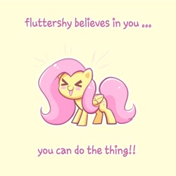 Size: 4000x4000 | Tagged: safe, artist:confetticakez, character:fluttershy, species:pegasus, species:pony, g4, blush sticker, blushing, eyes closed, female, folded wings, mare, motivational poster, open mouth, positive ponies, simple background, solo, text, wings, yellow background