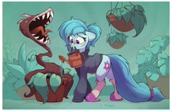 Size: 1958x1261 | Tagged: safe, artist:rexyseven, oc, oc only, oc:whispy slippers, species:earth pony, species:pony, carnivorous plant, clothing, eyebrows, eyelashes, female, glasses, mare, open mouth, shoes, slippers, socks, solo, sweater, tongue out, water, watering can