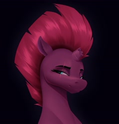 Size: 3270x3417 | Tagged: safe, artist:aquaticvibes, character:tempest shadow, species:pony, species:unicorn, g4, black background, broken horn, bust, eyebrows, eyelashes, female, horn, lidded eyes, looking sideways, mare, portrait, scar, simple background, solo