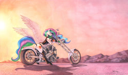 Size: 1900x1116 | Tagged: safe, artist:baron engel, character:princess celestia, species:alicorn, species:pony, g4, chopper, clothing, colored pencil drawing, complex background, cutie mark, dry lake bed, female, garter belt, garters, horn, horn jewelry, jacket, jewelry, leather boots, leather jacket, looking at you, looking back, looking back at you, mare, mixed media, motorcycle, mountain, mountain range, plushie, smiling, solo, spread wings, sunset, tail, toy, traditional art, wings