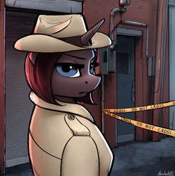Size: 1189x1200 | Tagged: safe, artist:apocheck13, oc, oc only, unnamed oc, species:anthro, species:pony, species:unicorn, clothing, coat, crime scene, explicit source, eyebrows, eyelashes, fedora, female, hat, horn, looking at you, looking back, looking back at you, mare, solo, trenchcoat