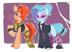 Size: 1619x1166 | Tagged: safe, artist:rexyseven, oc, oc only, oc:rusty gears, oc:whispy slippers, species:earth pony, species:pony, alternate hairstyle, bracelet, clothing, duo, duo female, ear piercing, earring, eyebrows, eyebrows visible through hair, female, females only, freckles, glasses, goth, jacket, jewelry, looking at you, mare, piercing, scarf, sharp teeth, shoes, simple background, slippers, socks, spiked wristband, striped socks, sweater, tail, wristband
