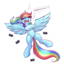 Size: 2000x2000 | Tagged: safe, artist:confetticakez, character:rainbow dash, species:pegasus, species:pony, g4, belly button, blushing, can, energy drink, eyes closed, female, mare, monster, open mouth, passed out, simple background, solo, spread wings, tail, text, white background, wings