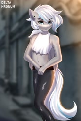 Size: 1292x1929 | Tagged: safe, artist:delta hronum, oc, oc only, species:anthro, species:pegasus, species:pony, belly, belly button, cigarette, clothing, ear piercing, earring, explicit source, female, jewelry, looking at you, mare, midriff, pants, piercing, ripped pants, shirt, smoking, solo, wings
