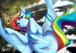 Size: 4000x2800 | Tagged: safe, artist:silentwulv, character:rainbow dash, species:pegasus, species:pony, g4, eyebrows, eyelashes, featureless crotch, female, flying, frog (hoof), hooves, mare, smiling, solo, spread wings, tail, underhoof, wings