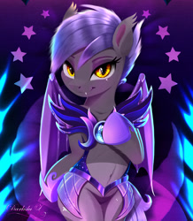 Size: 1772x2029 | Tagged: safe, alternate version, artist:darksly, part of a set, oc, oc only, oc:midnight blossom, species:bat pony, species:pony, abstract background, armor, bat pony oc, bat wings, bedroom eyes, belly button, body pillow, body pillow design, clothing, commission, cute, cute little fangs, ear fluff, eyebrows, eyelashes, eyeshadow, fangs, female, guard, guardsmare, hoof shoes, human shoulders, looking at you, makeup, mare, ocbetes, royal guard, sharp teeth, shoes, slit eyes, smiling, solo, wings