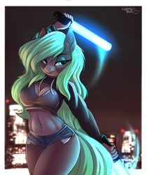 Size: 1700x2021 | Tagged: safe, artist:pony-way, oc, oc only, oc:luminessence, species:anthro, species:earth pony, species:pony, belly, belly button, blurred background, breasts, busty oc, city, cleavage, clothing, crop top, ear fluff, eyebrows, eyelashes, eyeshadow, female, freckles, green eyeshadow, hot pants, lidded eyes, lightsaber, makeup, mare, shorts, smiling, solo, tail