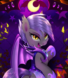 Size: 1714x1963 | Tagged: safe, artist:darksly, part of a set, oc, oc only, oc:midnight blossom, species:bat pony, species:pony, armor, bat wings, body pillow, body pillow design, clothing, cute, cute little fangs, eyebrows, eyelashes, fangs, female, hoof shoes, looking at you, mare, night guard, ocbetes, open mouth, royal guard, sharp teeth, shoes, slit eyes, solo, wings