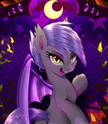 Size: 1714x1963 | Tagged: safe, artist:darksly, part of a set, oc, oc only, oc:midnight blossom, species:bat pony, species:pony, bat wings, body pillow, body pillow design, commission, cute, cute little fangs, eyebrows, eyelashes, fangs, female, looking at you, mare, ocbetes, open mouth, sharp teeth, slit eyes, solo, wings