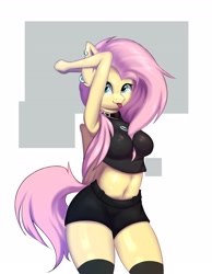 Size: 2768x3560 | Tagged: safe, artist:wyvernthedragon, character:fluttershy, species:anthro, species:pegasus, g4, abstract background, belly, belly button, clothing, collar, cute, ear piercing, earring, earrings, female, fluttergoth, hands on head, jewelry, looking sideways, mare, piercing, shorts, shyabetes, sleeveless, socks, solo, stockings, tail, thigh highs, tongue out, wings