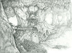 Size: 1400x1036 | Tagged: safe, artist:baron engel, g5, black and white, explicit source, forest, grayscale, grimdark source, izzy's house, monochrome, no pony, pencil drawing, scenery porn, technically advanced, traditional art, tree, treehouse