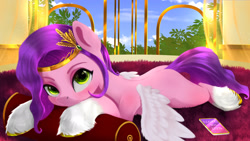 Size: 1920x1080 | Tagged: safe, artist:darksly, character:pipp petals, species:pegasus, species:pony, newbie artist training grounds, g5, adorapipp, back, bed, cellphone, colored eyebrows, colored hooves, couch, crown, cute, eyebrows, female, hooves, jewelry, looking at you, lying down, mare, natg 2022, phone, pipp wings, regalia, smartphone, solo, spread wings, unshorn fetlocks, wings