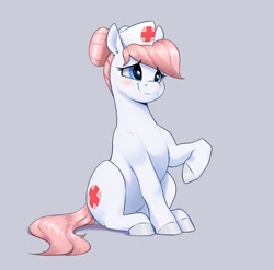 Size: 2464x2433 | Tagged: safe, artist:aquaticvibes, character:nurse redheart, species:earth pony, species:pony, g4, adoredheart, blushing, clothing, cutie mark, female, gray background, hair bun, hat, hooves, mare, nurse hat, one hoof raised, simple background, sitting, smiling, solo, tail