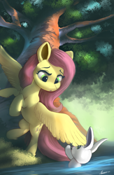 Size: 3200x4900 | Tagged: safe, artist:auroriia, character:angel bunny, character:fluttershy, species:pegasus, species:pony, species:rabbit, g4, :o, alternate eye color, animal, bipedal, cute, cutie mark, digital art, digital painting, eyebrows, eyelashes, female, high res, leg fluff, mare, open mouth, river, shyabetes, signature, solo, spread wings, tree, water, wing hands, wings, wrong eye color