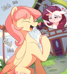 Size: 2500x2778 | Tagged: safe, artist:nookprint, character:fluttershy, character:rarity, species:pegasus, species:pony, species:unicorn, ship:rarishy, g4, blah blah blah, blushing, butterscotch, colored hooves, dialogue, eyes closed, female, floating heart, floppy ears, half r63 shipping, heart, high res, hooves, male, mare, open mouth, open smile, profile, raised hoof, rule 63, shipping, sitting, smiling, stallion, straight, text, unshorn fetlocks, wings