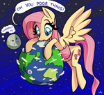 Size: 5100x4614 | Tagged: safe, artist:docwario, character:fluttershy, species:pegasus, species:pony, g4, cutie mark, dialogue, earth, eyebrows, eyelashes, female, mare, moon, pony bigger than a planet, pouting, solo, space, spread wings, stars, text, wings