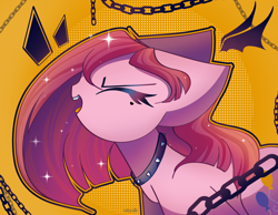 Size: 2450x1900 | Tagged: safe, artist:miryelis, character:pinkamena diane pie, character:pinkie pie, species:earth pony, species:pony, g4, abstract background, bondage, chains, choker, eyes closed, female, jewelry, long hair, mare, necklace, open mouth, profile, punk, signature, simple background, solo, straight hair