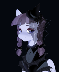 Size: 1579x1926 | Tagged: safe, artist:aztrial, character:inky rose, species:pegasus, species:pony, g4, black background, clothing, colored eyebrows, cute, dark background, dress, eyebrows, eyeshadow, female, goth, hat, inkybetes, looking at you, makeup, mare, simple background, solo, three quarter view, witch hat