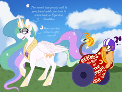 Size: 1168x887 | Tagged: safe, artist:maplefr0st, artist:~doughderg, character:princess celestia, character:scootaloo, species:alicorn, species:pegasus, species:pony, g4, cannon, clothing, cloud, crown, dialogue, duo, duo female, exclamation point, female, filly, flying lesson, foal, fuse, grass, grass field, helmet, hoof shoes, interrobang, jewelry, mare, necklace, peytral, pony cannonball, question mark, raised hoof, regalia, scootaloo can't fly, shoes, smug, text, this will end in tears and/or a journey to the moon, this will end in tears and/or death and/or covered in tree sap, three quarter view, to the moon, trollestia, weapon, young