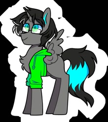 Size: 1103x1251 | Tagged: safe, artist:vroulacross, oc, oc only, species:alicorn, species:pony, g4, alicorn oc, chest fluff, clothing, glasses, hoodie, looking up, male, simple background, smiling, solo, stallion, three quarter view, wings