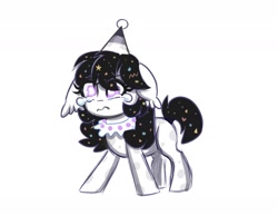Size: 2020x1564 | Tagged: safe, artist:confetticakez, oc, oc only, oc:confetti cupcake, oc:pity party, species:bat pony, species:pony, bat pony oc, clothing, eyelashes, female, floppy ears, hat, limited palette, mare, party hat, simple background, sketch, solo, teary eyes, white background