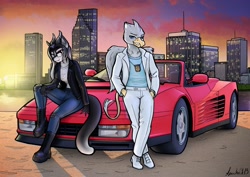Size: 3508x2480 | Tagged: safe, artist:apocheck13, non-mlp oc, oc, oc only, species:anthro, species:griffon, species:plantigrade anthro, boots, car, city, cityscape, clothing, commission, convertible, duo, duo male and female, ferrari testarossa, furry oc, horns, jacket, leather jacket, looking at you, pants, shirt, shoes, smiling, sunset, tail, wings