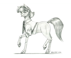 Size: 1400x1140 | Tagged: safe, artist:baron engel, oc, oc only, oc:softheart, species:earth pony, species:pony, black and white, clothing, explicit source, eyebrows, female, grayscale, grimdark source, looking at you, mare, military, military uniform, monochrome, necktie, pencil drawing, simple background, smiling, solo, tail, traditional art, uniform, white background