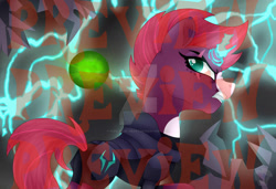 Size: 1280x876 | Tagged: safe, artist:bookieverse-nextgen, artist:pure-blue-heart, character:storm king, character:tempest shadow, species:pony, g4, my little pony: the movie (2017), alternate design, armor, bookieverse, deviantart watermark, female, headcanon, lightning, magic, mare, obsidian orb, obtrusive text, obtrusive watermark, preview, print, redesign, shading, wallpaper, watermark
