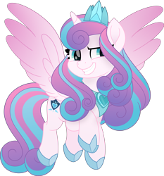 Size: 5165x5539 | Tagged: safe, artist:inaactive, character:princess flurry heart, species:alicorn, species:pony, g4, absurd resolution, big smile, clothing, crown, female, flying, hair over one eye, hoof shoes, jewelry, mare, necklace, older, older flurry heart, peytral, regalia, shoes, simple background, smiling, solo, spread wings, three quarter view, transparent background, wings