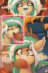Size: 2600x3974 | Tagged: safe, artist:rattatatus78, oc, oc only, oc:icy breeze, oc:osteen, species:bat pony, species:pegasus, species:pony, g4, bat pony oc, blue insides, colored eyebrows, comic, dialogue, explicit series, explicit source, eyebrows, eyes closed, fangs, female, food, holding, male, mango, mare, mouth hold, open mouth, pegasus oc, rope, sharp teeth, shrunken pupils, stallion, text