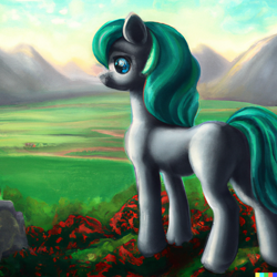 Size: 1024x1024 | Tagged: safe, ai model:dall-e 2, machine learning generated, species:earth pony, species:pony, blue eyes, female, green mane, mare, mountain, mountain range, prompt engineer:cultpony, solo