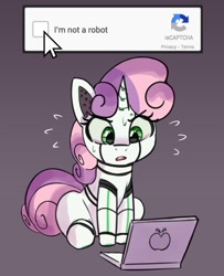 Size: 974x1200 | Tagged: safe, artist:pabbley, character:sweetie belle, species:pony, species:unicorn, friendship is witchcraft, sweetie bot, g4, captcha, colored, colored sketch, computer, confused, drawthread, emanata, eye clipping through hair, eyebrows, eyebrows visible through hair, eyelashes, front view, full face view, gradient background, laptop computer, mouse cursor, open mouth, robot, robot pony, sitting, sketch, solo, sweat, sweatdrops